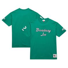 Celebrate a New York Jets icon with this Joe Namath Retired Player Nickname T-Shirt from Mitchell & Ness. Woven jock tag detailing adds a vintage touch, while the cotton construction provides a classic fit and feel. This tee is a must-have for any Jets fan looking to celebrate the legacy of Broadway Joe and the history of their favorite NFL team.Celebrate a New York Jets icon with this Joe Namath Retired Player Nickname T-Shirt from Mitchell & Ness. Woven jock tag detailing adds a vintage touch, Throwback College Tops With Logo Print, Throwback Crew Neck Fan Merchandise Tops, Throwback Style Crew Neck Top With Letter Print, Throwback Cotton Tops For Sports Events, Relaxed Fit Short Sleeve Throwback Tops, Green Crew Neck Retro Top, Green Tops With Logo Print For Fan Merchandise, Green Tops With Logo Print For Fans, Green Relaxed Fit Tops For Sports Events