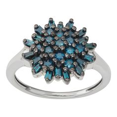 Decorated with a cluster of beautiful blue diamonds, diamonds, this sterling silver cluster ring is a captivating accessory. Decorated with a cluster of beautiful blue diamonds, diamonds, this sterling silver cluster ring is a captivating accessory. Metal: sterling silver Plating: rhodium Width: 1.50 mm Finish: polishedDIAMOND DETAILS Total weight: 3/4 ct. Color: blue Shape: round Setting: pave Gemstones may have been treated to enhance their appearance. Special care may be required. Please visi Dazzling Sterling Silver Cluster Diamond Ring, Dazzling Cluster Diamond Ring In Sterling Silver, Cluster Pave Setting Promise Ring, Blue Diamond Cluster Ring With Prong Setting, Cluster Ring With Pave Setting For Promise, Blue Cluster Diamond Ring With Halo Setting, Fine Jewelry Blue Topaz Cluster, Blue Cluster Ring For Formal Occasions, Formal Blue Cluster Ring