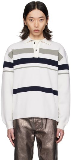 Knit stretch virgin wool-blend polo. Jacquard stripes throughout. · Rib knit spread collar and cuffs · Three-button placket · Dropped shoulders · Logo plaque at back collar Supplier color: Mascarpone/Navy/Ash Classic Striped Polo Sweater With Ribbed Collar, Classic Striped Polo Sweater With Polo Collar, Classic Collared Polo Sweater With Contrast Stripes, White Collared Polo Sweater With Ribbed Cuffs, Classic Collared Jacquard Knit Polo Sweater, Classic Striped Sweater With Ribbed Collar, White Long Sleeve Polo Sweater With Striped Collar, Classic Winter Polo Sweater With Striped Collar, White Polo Sweater With Striped Collar For Fall