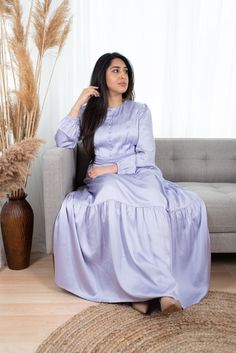 Color: Lilac [Fabric]: The pretty Luxe silk long sleeve dress is made up of 50% viscose and 50% rayon, skin friendly, provide you a pleasing wearing experience, to show off your sweet style.[Note]:Please do refer to the Size Chart before placing your order. Elegant Long Sleeve Rayon Dress, Modest Long Sleeve Flowy Midi Dress, Elegant Long Sleeve Viscose Maxi Dress, Long Sleeve Viscose Maxi Dress For Fall, Rayon Long Sleeve Maxi Dress For Fall, Chic Long Sleeve Rayon Dress, Flowy Long Sleeve Viscose Maxi Dress, Flowy Long Sleeve Maxi Dress In Viscose, Flowy Viscose Maxi Dress With Long Sleeves