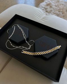 If you're looking for the perfectly curated and ready-to-gift present- say hello to our limited edition Ultimate Chains Bundle, featuring two of our best-selling Luv Aj pieces The Cecilia Chain Necklace and The Two-Toned Timepiece Bracelet Originally retailing at $175, the box is only $125 (30% off value) and arrives packed in a gorgeous pre-wrapped gift box that is ready-to-gift. Available in Gold or Silver color ways. *Please note that discount codes do NOT apply to this item Luv Aj, Color Ways, Discount Codes, Gifts Holiday, Ring Bracelet, Say Hello, Personalized Jewelry, Time Piece, Silver Color