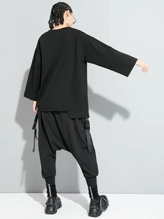 UOOZEE Oversized Black Techwear T-shirt, Baggy Black Crew Neck T-shirt, Black Asymmetrical Cotton Top, Black Tops With Relaxed Fit And Asymmetrical Hem, Black Tops With Asymmetrical Hem And Relaxed Fit, Black Oversized Top With Asymmetrical Hem, Oversized Black Top With Asymmetrical Hem, Black Relaxed Fit Techwear Top, Baggy Black Crew Neck Top