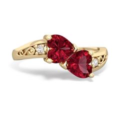 Two hearts, snuggled up against each other, in a warming 14K Gold embrace. This ring features beautiful heart shaped lab ruby and lab ruby gems. Accented by two dazzling diamonds, with an elegant filigree curve. You can customize this ring, perhaps choosing your loved one's favorite colors, or the birthstones of you and your love. Gem: Lab Created Ruby Metal: solid 14K Gold Diamonds: genuine SI2 diamonds Free gift packaging is included with every order. Luxury Lab-created Ruby Birthstone Ring, Garnet Gem, Mother Rings, Diamond Free, Garnet Jewelry, Ruby Jewelry, Two Hearts, Delicate Rings, Beautiful Heart