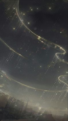 an image of a futuristic city at night with stars and circles in the sky above