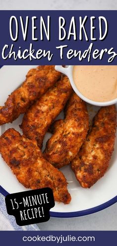 oven baked chicken tenders on a white plate with dipping sauce in the background and text overlay