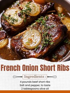 an advertisement for french onion short ribs