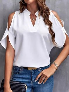 Chic White Top With 3/4 Sleeves, Black Cold Shoulder Top For Evening, Elegant Off-shoulder Cold Shoulder Top For Summer, Feminine White Half-sleeve Blouse, Elegant Black Cold Shoulder Top, Battle Tops, Tank Top Dress, Cold Shoulder Top, Loose Outfit