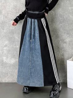 Flowing Sophistication: A-Line Loose Striped Skirts with Contrast Color Drawstring and Split-Joint Detail Knit Tank Pattern, Striped Skirts, Diy Skirts, Recycle Jeans, Upcycled Fashion, Sewing Skirts, Denim Trends, Modest Fashion Outfits, Stripe Skirt