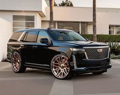 a black suv is parked in front of a white building with palm trees behind it