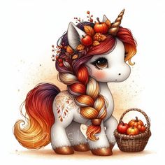 a drawing of a cute little unicorn with autumn hair and pumpkins on her head