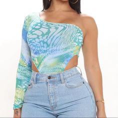 Fashion Nova Blue Fitted One-shoulder Top, Blue Bodysuit For Summer Parties, Blue Summer Bodysuit For Parties, Spring Light Blue Stretch Bodysuit, Trendy Blue Bodysuit For Night Out, Casual Blue Bodysuit For Night Out, Blue One-piece Bodysuit For Spring, White Long Sleeve Bodysuit, Expensive Fashion