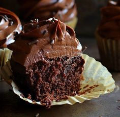 chocolate cupcakes with frosting on paper wrappers