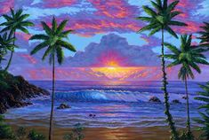 a painting of palm trees and the sun setting over the ocean with waves coming in