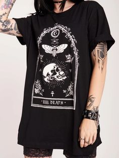 Tarot Skull T-shirt – Midnight Hour Goth Sweaters, Joy Division Shirt, Casual Goth, Summer Goth, Senior Project, Dark Style, Skull Shirt, Long Sleeve Outerwear, Skull T Shirt