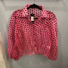 Nasty Gal Pink & Black Polka Dot Sheer Blouse. Size L. Nwt. 100% Polyester. Feminine Polka Dot Party Blouse, Trendy Polka Dot Party Blouse, Trendy Polka Dot Blouse For Party, Feminine Long Sleeve Polka Dot Blouse, Black Polka Dot, Sheer Blouse, Pink Black, Polka Dot, Polka Dots