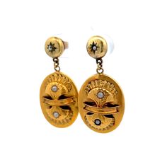 These oval-shaped Victorian Pearl Amulet Shield Drop Earrings in 14K Yellow Gold are a true work of art! Crafted with 14 karat yellow gold, these ornate earrings feature seed pearls that are intricately arranged in a classic, antique style. The pearls decorate the starburst stud backings and engraved oval shields that dangle softly below. These earrings are a perfect way to bring a goddess touch to any ensemble. The seed pearls reflect a soft and subtle light, giving a romantic and luxurious fee Luxury Yellow Gold Victorian Pearl Earrings, Ornate Earrings, Metal Shop, Seed Pearl, Shop Engagement Rings, Pearl Drop Earrings, Pearl Drop, Victorian Era, Antique Style