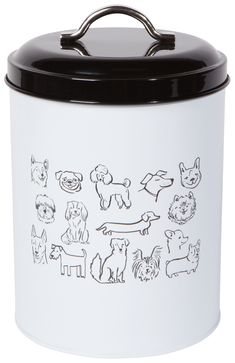 a white and black canister with dogs drawn on it