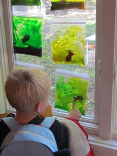 a young boy looking out the window at stained glass pieces on display in front of him