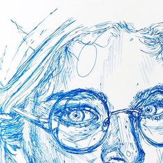 a drawing of a woman with glasses and a hat on her head is shown in blue ink