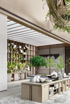 an office with plants and bookshelves in it