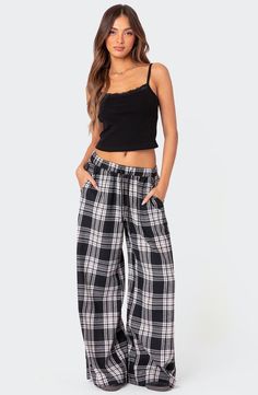 EDIKTED Lounge Around Plaid Wide Leg Pants | Nordstrom Plaid Wide Leg Pants, Womens Lounge, Lace Trim Tank Top, Plaid Decor, Night At Home, Cute Pajamas, Ribbed Tank Tops, Ribbed Fabric, Model Height