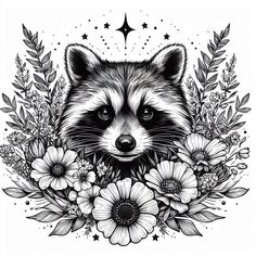 a black and white drawing of a raccoon surrounded by flowers