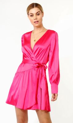 The easy outfit from a lunch date to a girl's night out is this fabulously soft and silk-like dress. The bright pink hue shines perfectly on a sunny day and the during the night. The v-neckline and belt are flattering on any girl. Satin wrap dress  Self-tie belt  V-neckline Wide cuffs  Flared skirt  Lined Self: 100% Po Wrap Dress Long Sleeve, Wrap Dress Long, Satin Wrap Dress, Wrap Mini Dress, Easy Outfit, Lunch Date, Luxury Women Fashion, Magenta Pink, Wrist Cuffs