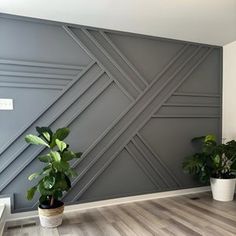 two potted plants are sitting on the floor in front of a wall with geometric designs