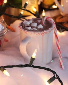 a hot chocolate drink with marshmallows and candy cane on the rim, surrounded by christmas lights