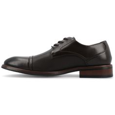 The Chandler dress shoe from Vance Co. combines sophistication and comfort with its 1-inch block heel, lace-up closure, and round toe design. Crafted from faux leather, this design offers a stylish and sleek option. The mesh lining, 6 mm Tru Comfort Foam™ footbed, and rubber outer sole ensure both breathability and comfort for a well-rounded and fashionable choice. Semi-formal Cap Toe Lace-up Leather Shoes, Cap Toe Calf Leather Lace-up Shoes For Derby, Semi-formal Cap Toe Leather Shoes With Perforated Toe Box, Closed Toe Shoes, Round Toe Heels, Journee Collection, Toe Designs, Lace Up Shoes, Block Heels