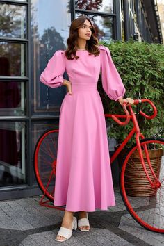 Puff Sleeve Midi Dress, Pink Dresses, Dress Dusty, Fashion Mistakes, Sleeve Midi Dress, Long Puff Sleeves, Midi Length Dress, Modest Dresses, Dusty Pink