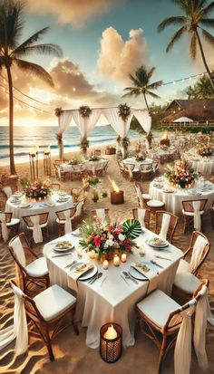 an outdoor dining area on the beach with tables and chairs set up in front of palm trees