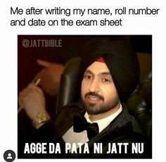 a man wearing a turban sitting in a chair with the caption me after writing my name, roll number and date on the exam sheet