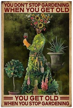 a poster with an image of a woman holding a wine glass in her hand and flowers on