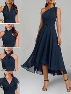 A-Line Blue Wedding Guest Dresses Convertible Infinity Mother Dress Formal Tea Length Sleeveless One Shoulder Chiffon with Ruched Mother Dress, Fall Wedding Guest, Mother Wedding Dress, Dresses Formal Elegant, Evening Dresses Cocktail, Wedding Guest Dresses, Mothers Dresses, Dress Formal