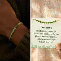 a person holding a card with a beaded bracelet on it next to a photo of a woman's wrist