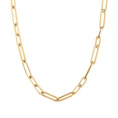 Beautifully crafted in 18k yellow gold, this Designer Gold collection necklace from Roberto Coin will add just the right hint of chic to any ensemble. This oval paperclip link chain measures 18 inches in length and has a lobster clasp closure. Roberto Coin signs each one of his pieces with a small ruby casted inside the piece, in direct contact with the skin of the one who wears it. This magical signature, surrounded by an antique halo of legend, represents the message of good wishes that Robert Luxury Yellow Gold Paperclip Chain Necklace, Yellow Gold Paperclip Chain Necklace With Solid Link, Luxury Paperclip Chain Necklace, Yellow Gold Paperclip Chain Necklace With Oval Links, Yellow Gold Oval Link Chain Necklace With Paperclip Chain, Modern Yellow Gold Cable Chain Necklace, Elegant Yellow Gold Paperclip Chain Necklace, Classic Paperclip Chain Necklace For Formal Occasions, Classic Formal Paperclip Chain Necklace