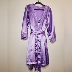 Amoureuse Purple Satin Nighty With Robe Size L 18-20 Adjustable Straps On Nightgown Length From Where Strap Attaches To Lace On Front Of Nighty To Bottom Hem 36" Armpit To Armpit Flat Lay 26" Robe It Has Pockets Length From Top Shoulder Hem To Bottom Hem 40" Sleeve Length 14" Shoulder Hem To Shoulder Hem Across Top Of Back Flat Lay 18" Purple Satin Sleepwear, Purple Satin, Night Gown, Women's Intimates, Slip On, Satin, Sleeve Length, Lace, Purple