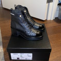 Brand New, Authentic, In Box And Dust Bags, Sold Out Chanel Lace Up Boots From F/W21 Collection In Iridescent Black, Size 38 Low Ball Offers Will Be Ignored Luxury Patent Leather Boots, Luxury High-top Boots With Branded Heel Counter, Luxury Black Patent Leather Boots, Luxury Black Cap Toe Boots, Designer Black Calf Leather Boots, Designer Black Boots With Medium Fit, Designer Black Boots Medium Fit, Designer Black Boots With Branded Insole, Designer Boots With Contrasting Heel Counter