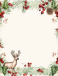 a christmas frame with holly, berries and a deer