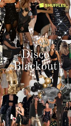 a collage of photos with the words disco blackout in white, black and gold