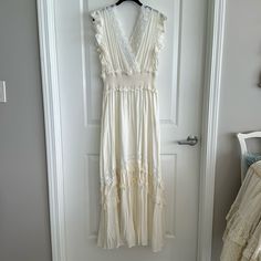 Beautiful Smocked, Waist Lace, Trim, Maxi Dress From Boston Proper New Without Tags Ivory Size Small White V-neck Smocked Dress With Smocked Back, White Feminine Maxi Dress With Smocked Back, White Smocked Bodice V-neck Dress, White V-neck Smocked Dress For Spring, White V-neck Smocked Dress, White Bohemian Ruched Dress, White Flowy Smocked Maxi Dress, White Maxi Length Smocked Dress For Spring, White Flowy Smocked Dress In Feminine Style