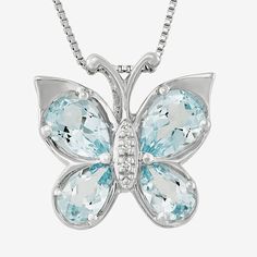 A symbol of transformation, this butterfly pendant transcends mere beauty with its gorgeous aquamarine wings and diamond-accent body. Wear it, and feel your spirits soar.Metal: Sterling silverStones: Heat-treated pear-shaped aquamarines, 7x5 and 6x4mmOther Stones: Diamond accentsClosure: Spring-ringLength: 18" box chainDimensions: 17.24x16.23mmCare: Wipe CleanCountry of Origin: ImportedSome diamonds may consist of fewer than 17 facets.Gemstones may be treated and may require special care.Jewelry Elegant Butterfly Birthstone Necklaces, Elegant Butterfly Birthstone Jewelry, Aquamarine Necklace With Diamond Accents For Gift, Aquamarine Necklaces With Diamond Accents For Gift, Blue Butterfly Fine Jewelry, Elegant Turquoise Butterfly Jewelry, Elegant Butterfly Gemstone Necklace, Elegant Gemstone Butterfly Necklace, Elegant Blue Necklace With Butterfly Charm