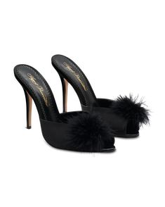 Hot to trot.. . Work that walk in Allegrah. Super pretty boudoir shoes in soft satin with a patent heel, topped with a marabou feather pompom. Team with your favourite AP silk pyjamas or slip dress to channel vintage Hollywood starlet glamour. Black mule shoes Lovingly handmade in Italy Silk satin upper Kid leather sock and inner Glossy PVC heel Open toe with Italian marabou feather detail Leather sole Black Mules Shoes, Feather Slippers, Satin Slippers, Glamourous Heels, Black Mule, Black Mules, Mule Shoes, Patent Heels, Leather Socks