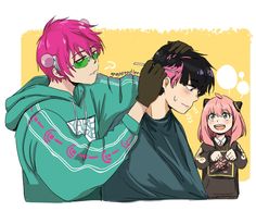 two anime characters with pink hair and green eyes, one is holding his hand to the other's head