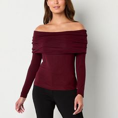 Crafted from soft, stretch-jersey, this Worthington women's blouse features a regular-fit, a chic off-the-shoulder neckline that beautifully frames your collarbone, and long fitted sleeves. Style it with tailored trousers and heels. Closure Type: Pullover HeadFit: Regular FitSleeve Length: Long SleeveSleeve Style: Off Shoulder SleeveApparel Length: 19 InchesFiber Content: 95% Lenzing Ecovero Viscose, 5% SpandexFabric Description: JerseyCare: Tumble Dry, Machine WashCountry of Origin: Imported Top Rojo, Thanksgiving Fit, Aliyah Core, Core Outfits, Sleeves Style, Fitted Sleeves, Red Blouse, Dressy Tops, Tailored Trousers