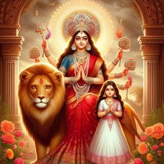 the goddess and lion are depicted in this painting