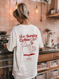 Slow Sunday Coffee Club T-Shirt – AnotherCottonLab Simple Relaxed Fit T-shirt With Graphic Print, Simple Relaxed Fit Graphic T-shirt, Simple Graphic Print Relaxed Fit T-shirt, Everyday Graphic Tee With Back Print, Slow Sunday, Sunday Coffee, Coffee Club, Club T Shirt, Mode Casual