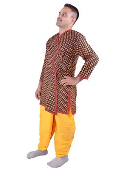 Indian Traditional Ethnic Men’s Cotton Dhoti Kurta Suits Royal Fashion Sherwani Angrakha Dress Angrakha Dress, Indian Jackets, Suits Indian, Rajasthani Dress, Angrakha Style, Dabu Print, Gents Kurta, Royal Look, Fantasy Costumes