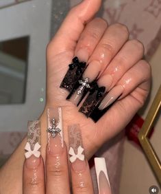 Y2k Long Square Nails, Lace Nails Black, Nail Ideas Alt, Lowrider Nails, Dope Nail Designs Mid Length, Black Lace Nails, Long Nails Black, Alt Nails, Nails Lace